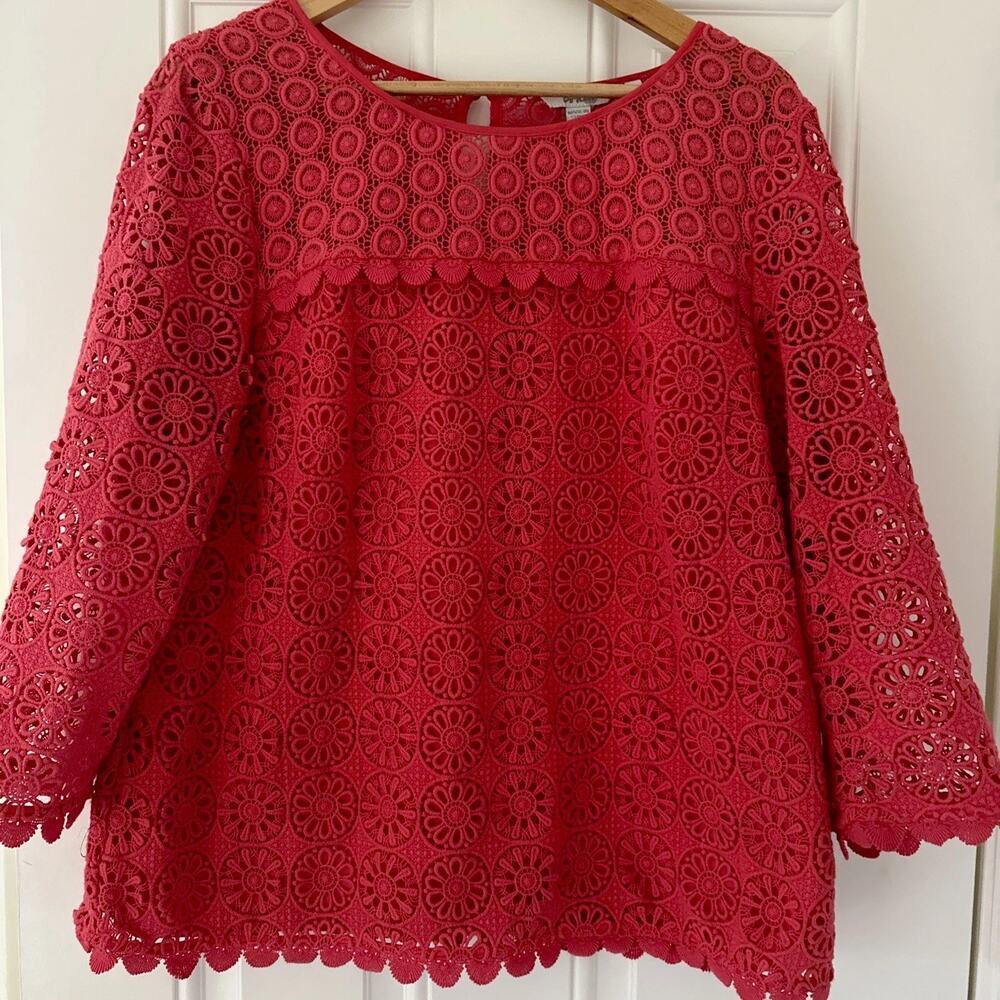 Boden Women's Crochet Lace Eyelet Blouse Tunic Shirt 3/4 Sleeve 12 Coral Pink